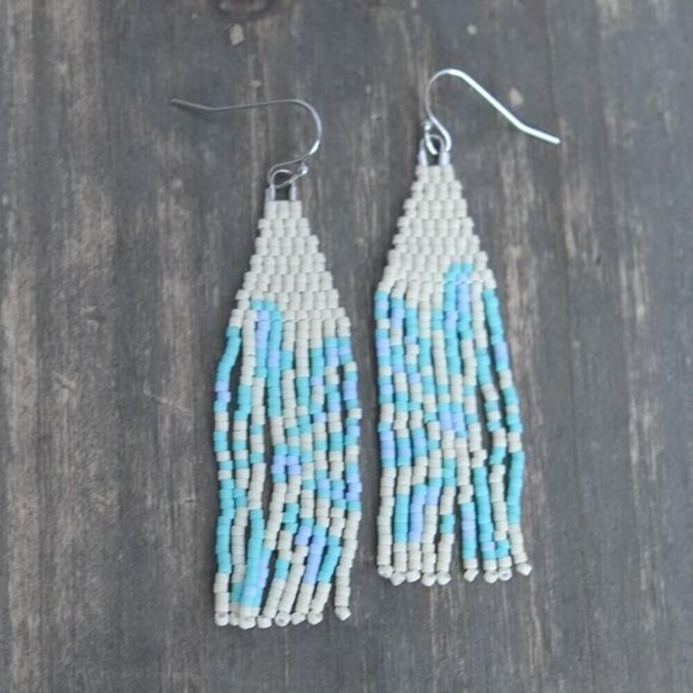 Flower Seed Beads Fringe Earrings Miyuki Delica Cream White Blue Handwoven